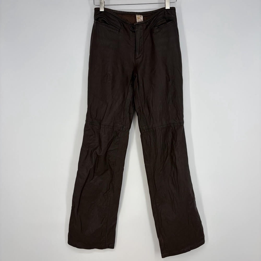 Vtg Brown Leather Pants Women XS Boot Cut Y2K Biker Baddie Southwestern Western